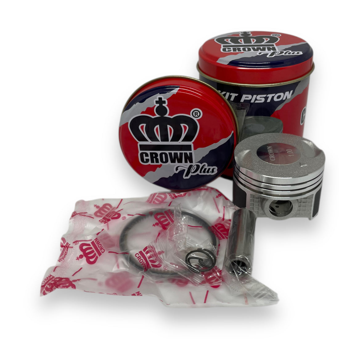 KIT PISTON 1.00 "CROWN" "TIPO ORIGINAL"(CAJA METALICA) DISCOVER-100S/BOXER-BM100 (STARTER)
(2 VALVULAS)